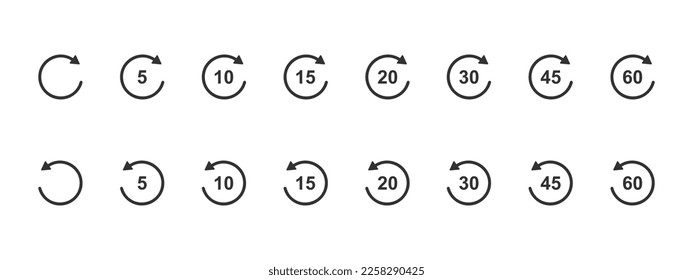 Rewind and fast forward icons with circle arrows and seconds numbers. Round repeat and next buttons isolated on white background. Player playback elements. Vector graphic illustration