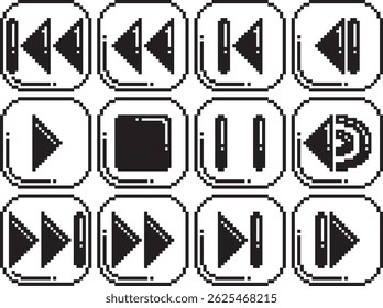 Rewind fast reverse back play stop pause volume forward fast forward next button border line highlight right shadow left icon black-white vector pixel art icon