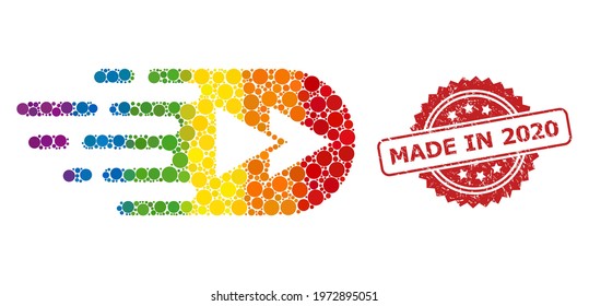 Rewind forward collage icon of filled circle elements in different sizes and rainbow color tints, and Made in 2020 corroded rosette seal imitation.