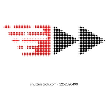 Rewind forward halftone dotted icon with fast speed effect. Vector illustration of rewind forward designed for modern abstraction with symbols of speed, rush, progress, energy.