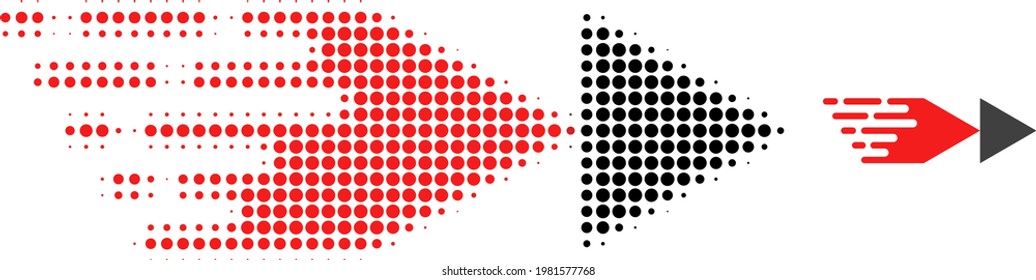 Rewind forward halftone dotted icon illustration. Halftone pattern contains round dots. Vector illustration of rewind forward icon on a white background. Flat abstraction for rewind forward object.