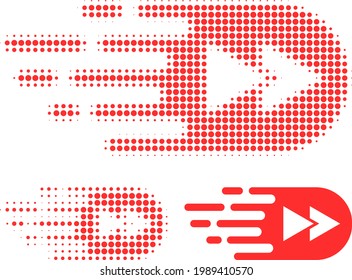 Rebobina el icono con puntos de semitono hacia delante. La matriz de semitono contiene puntos redondos. Ilustración vectorial del icono de rebobinado hacia adelante en un fondo blanco.