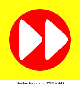 Rewind icon. Player navigation button. Vector. White flat icon inside red circle at yellow background. Isolated.