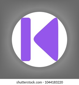 Rewind icon. Player navigation button. Vector. Violet icon on white circle with shadow at gray background.