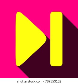 Rewind icon. Player navigation button. Vector. Flat yellow icon with with semitransparent shadow on rose background.