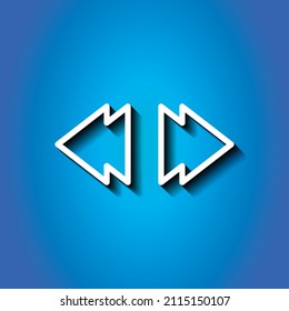 Rebobina el icono musical simple. Diseño plano. Icono blanco con sombra sobre fondo azul.ai