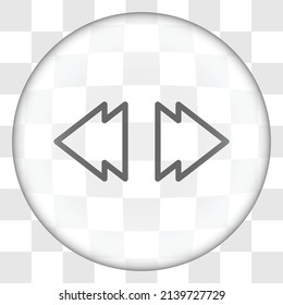 Rebobina el icono musical simple. Diseño plano. Botón de cristal en cuadrícula transparente.ai