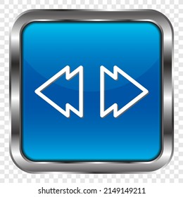 Rewind musical simple icon. Flat design. Metal, blue square button. Transparent grid.ai