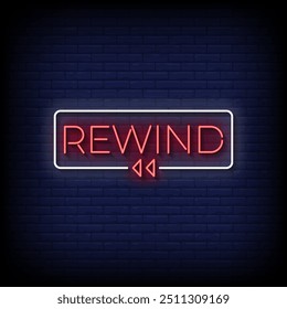 rewind neon sign vector with brick wall background 