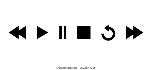 Ícone Retroceder, reproduzir, pausar, parar, repetir e avançar. Botão de controle do Media Player