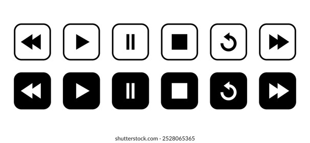 Ícone Retroceder, reproduzir, pausar, parar, repetir e avançar no quadrado preto