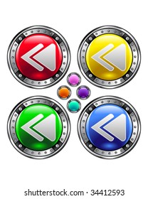 Rewind or reverse media player icon on round colorful vector buttons suitable for use on websites, in print materials or in advertisements.  Set includes red, yellow, green, and blue versions.