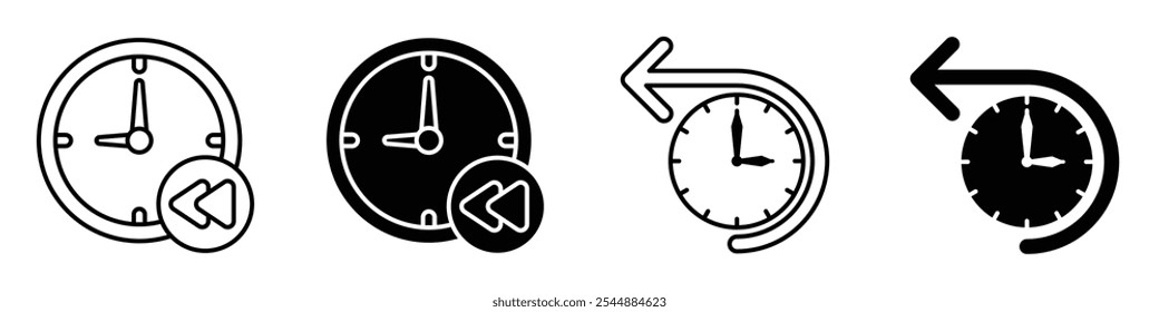 Rewind time icon collection in black and white filled and solid vector style.