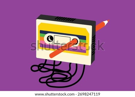 Rewinding cassette with a pencil illustration