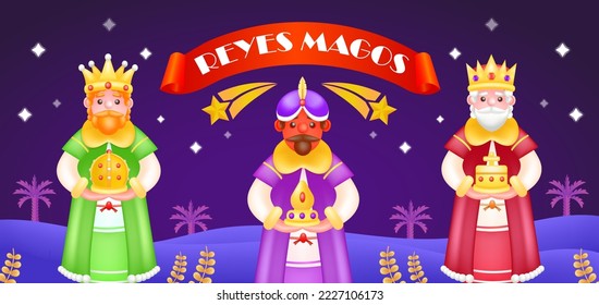 Reyes Magos. 3d illustration of three priests holding gifts, with shooting stars in the background