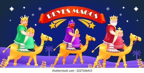 Reyes Magos. 3d illustration of three priests riding camels, with a shooting star in the background