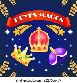 Reyes Magos. Crown collection 3d illustration, with shooting stars in the background