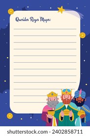 Reyes Magos Letter Template. Los Reyes Magos ( Translation - Three Wise Men ). Happy epiphany day. January 6. Nativity of Jesus. Cartoon Vector illustration letter Template design.