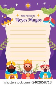 Reyes Magos Letter Template. Los Reyes Magos ( Translation - Three Wise Men ). Happy epiphany day. January 6. Nativity of Jesus. Cartoon Vector illustration letter Template design.