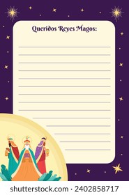 Reyes Magos Letter Template. Los Reyes Magos ( Translation - Three Wise Men ). Happy epiphany day. January 6. Nativity of Jesus. Cartoon Vector illustration letter Template design.