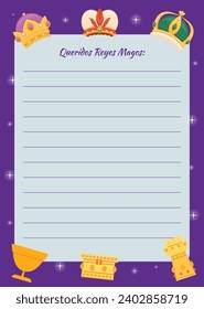 Reyes Magos Letter Template. Los Reyes Magos ( Translation - Three Wise Men ). Happy epiphany day. January 6. Nativity of Jesus. Cartoon Vector illustration letter Template design.