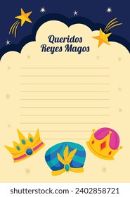 Reyes Magos Letter Template. Los Reyes Magos ( Translation - Three Wise Men ). Happy epiphany day. January 6. Nativity of Jesus. Cartoon Vector illustration letter Template design.