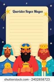 Reyes Magos Letter Template. Los Reyes Magos ( Translation - Three Wise Men ). Happy epiphany day. January 6. Nativity of Jesus. Cartoon Vector illustration letter Template design.