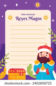 Reyes Magos Letter Template. Los Reyes Magos ( Translation - Three Wise Men ). Happy epiphany day. January 6. Nativity of Jesus. Cartoon Vector illustration letter Template design.