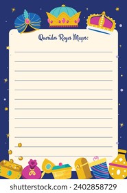 Reyes Magos Letter Template. Los Reyes Magos ( Translation - Three Wise Men ). Happy epiphany day. January 6. Nativity of Jesus. Cartoon Vector illustration letter Template design.