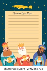 Reyes Magos Letter Template. Los Reyes Magos ( Translation - Three Wise Men ). Happy epiphany day. January 6. Nativity of Jesus. Cartoon Vector illustration letter Template design.