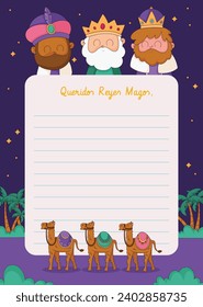 Reyes Magos Letter Template. Los Reyes Magos ( Translation - Three Wise Men ). Happy epiphany day. January 6. Nativity of Jesus. Cartoon Vector illustration letter Template design.