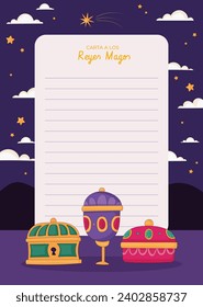 Reyes Magos Letter Template. Los Reyes Magos ( Translation - Three Wise Men ). Happy epiphany day. January 6. Nativity of Jesus. Cartoon Vector illustration letter Template design.