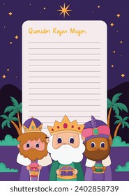 Reyes Magos Letter Template. Los Reyes Magos ( Translation - Three Wise Men ). Happy epiphany day. January 6. Nativity of Jesus. Cartoon Vector illustration letter Template design.