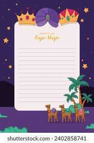 Reyes Magos Letter Template. Los Reyes Magos ( Translation - Three Wise Men ). Happy epiphany day. January 6. Nativity of Jesus. Cartoon Vector illustration letter Template design.