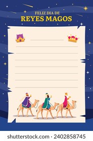 Reyes Magos Letter Template. Los Reyes Magos ( Translation - Three Wise Men ). Happy epiphany day. January 6. Nativity of Jesus. Cartoon Vector illustration letter Template design.