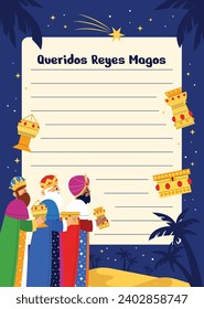 Reyes Magos Letter Template. Los Reyes Magos ( Translation - Three Wise Men ). Happy epiphany day. January 6. Nativity of Jesus. Cartoon Vector illustration letter Template design.