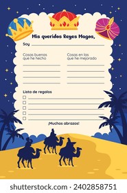 Reyes Magos Letter Template. Los Reyes Magos ( Translation - Three Wise Men ). Happy epiphany day. January 6. Nativity of Jesus. Cartoon Vector illustration letter Template design.