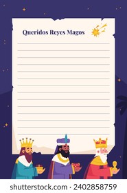 Plantilla de carta Reyes Magos. Los Reyes Magos. Feliz día de la epifanía. 6 de enero. Natividad de Jesús. Letra de la ilustración del vector de dibujos animados Diseño de plantilla.