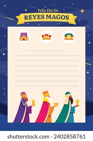 Reyes Magos Letter Template. Los Reyes Magos ( Translation - Three Wise Men ). Happy epiphany day. January 6. Nativity of Jesus. Cartoon Vector illustration letter Template design.