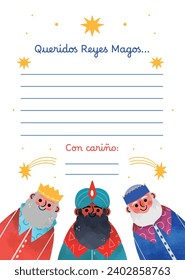 Reyes Magos Letter Template. Los Reyes Magos ( Translation - Three Wise Men ). Happy epiphany day. January 6. Nativity of Jesus. Cartoon Vector illustration letter Template design.