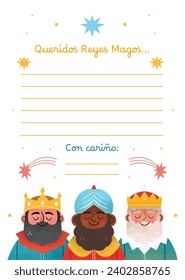 Reyes Magos Letter Template. Los Reyes Magos ( Translation - Three Wise Men ). Happy epiphany day. January 6. Nativity of Jesus. Cartoon Vector illustration letter Template design.