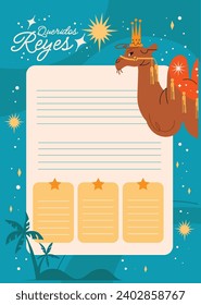 Reyes Magos Letter Template. Los Reyes Magos ( Translation - Three Wise Men ). Happy epiphany day. January 6. Nativity of Jesus. Cartoon Vector illustration letter Template design.