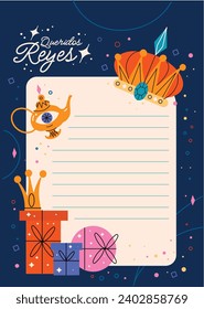 Reyes Magos Letter Template. Los Reyes Magos ( Translation - Three Wise Men ). Happy epiphany day. January 6. Nativity of Jesus. Cartoon Vector illustration letter Template design.