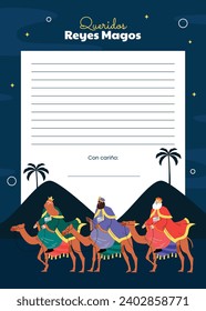 Reyes Magos Letter Template. Los Reyes Magos ( Translation - Three Wise Men ). Happy epiphany day. January 6. Nativity of Jesus. Cartoon Vector illustration letter Template design.