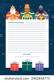 Reyes Magos Letter Template. Los Reyes Magos ( Translation - Three Wise Men ). Happy epiphany day. January 6. Nativity of Jesus. Cartoon Vector illustration letter Template design.