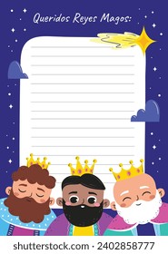 Reyes Magos Letter Template. Los Reyes Magos ( Translation - Three Wise Men ). Happy epiphany day. January 6. Nativity of Jesus. Cartoon Vector illustration letter Template design.