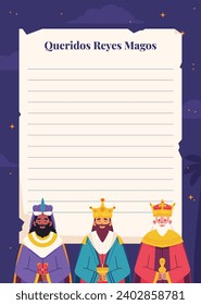 Reyes Magos Letter Template. Los Reyes Magos ( Translation - Three Wise Men ). Happy epiphany day. January 6. Nativity of Jesus. Cartoon Vector illustration letter Template design.
