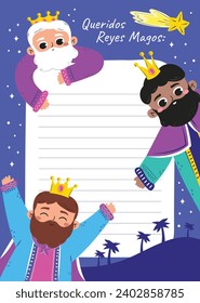 Reyes Magos Letter Template. Los Reyes Magos ( Translation - Three Wise Men ). Happy epiphany day. January 6. Nativity of Jesus. Cartoon Vector illustration letter Template design.