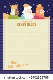 Reyes Magos Letter Template. Los Reyes Magos ( Translation - Three Wise Men ). Happy epiphany day. January 6. Nativity of Jesus. Cartoon Vector illustration letter Template design.