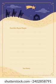 Reyes Magos Letter Template. Los Reyes Magos ( Translation - Three Wise Men ). Happy epiphany day. January 6. Nativity of Jesus. Cartoon Vector illustration letter Template design.